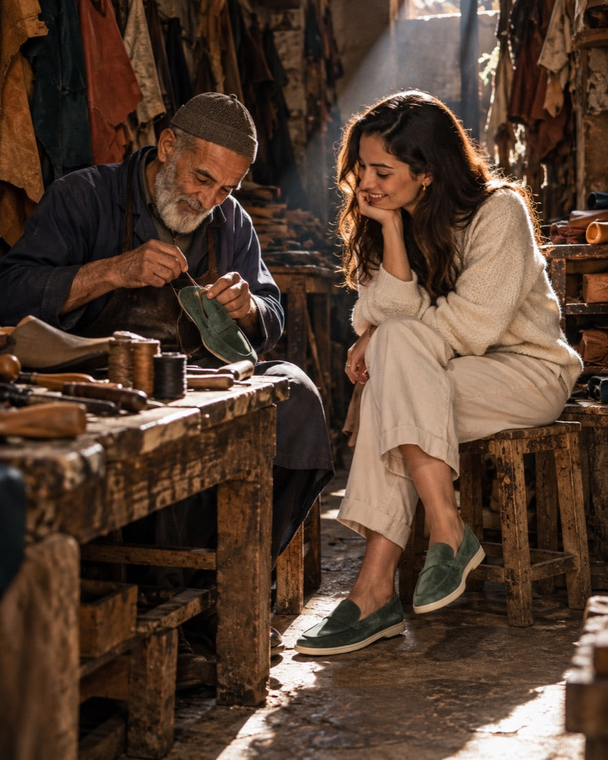 Un artisan coud un mocassin à la main, une cliente porte les IZEM vert forêt