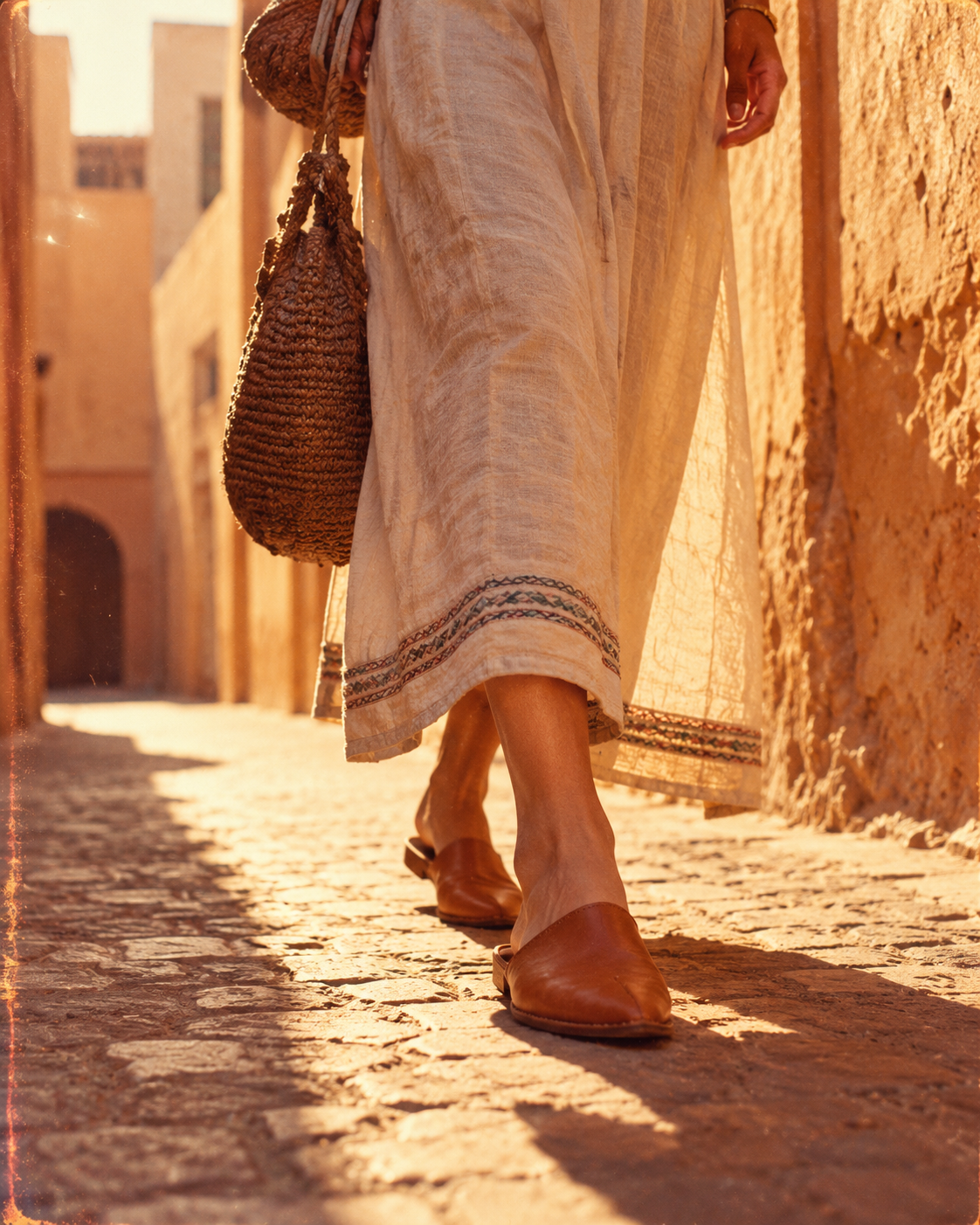 Souvenir de Fadhma marchant en mules dans une ruelle de la médina