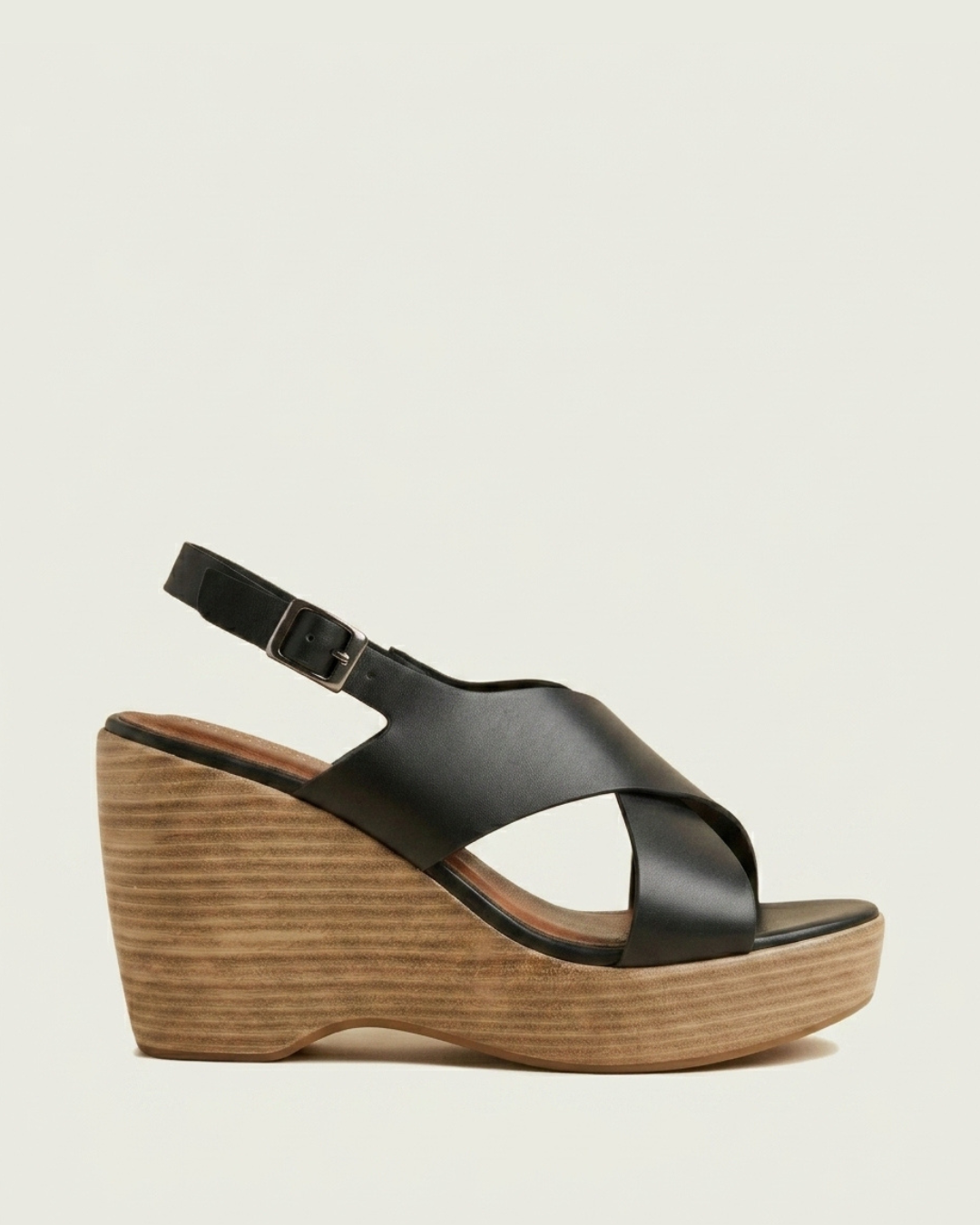 Sandale Compensée Femme à Bride cuir Noir - Tirra