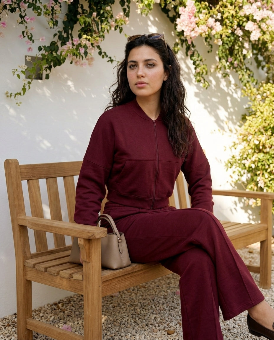 Asif Ensemble Grenat – Veste Zippée & Pantalon Fluide
