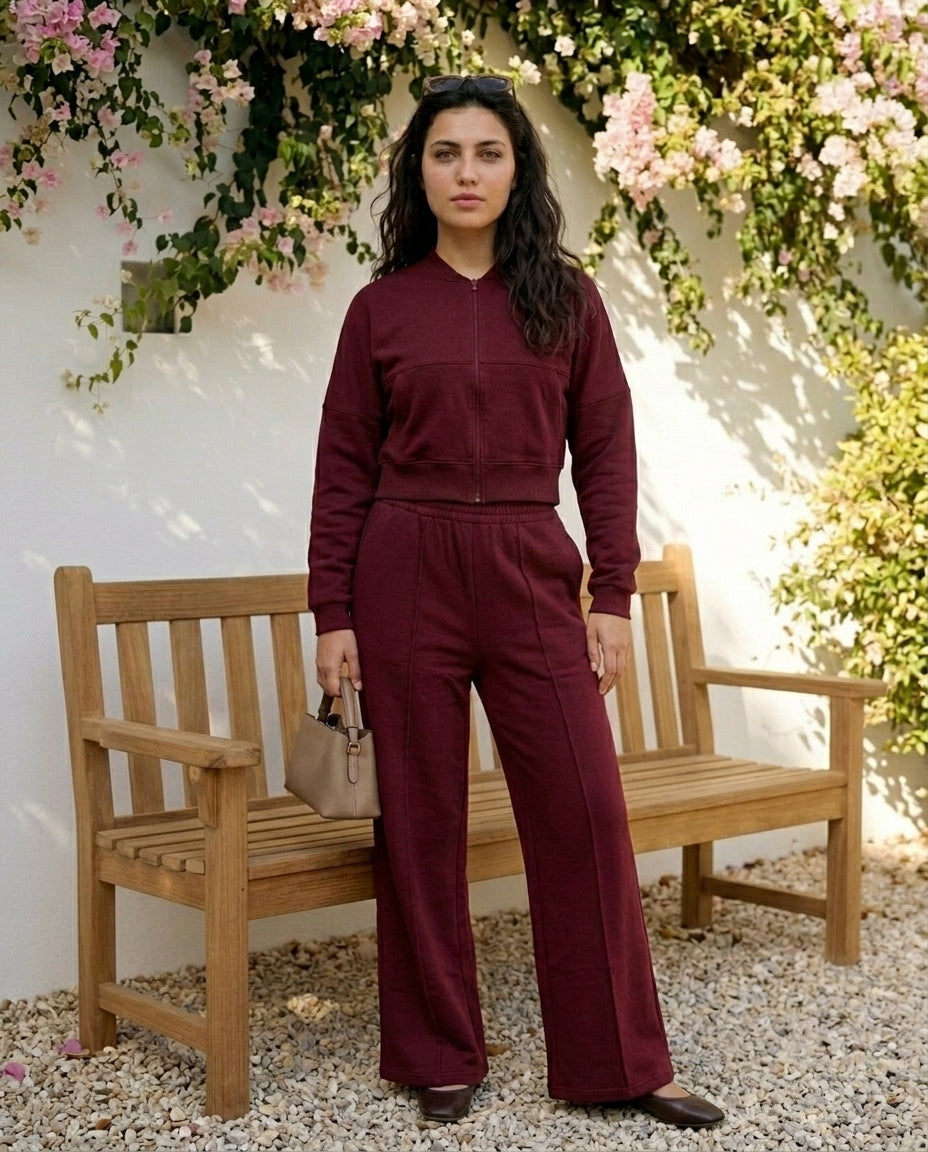 Asif Ensemble Grenat – Veste Zippée & Pantalon Fluide