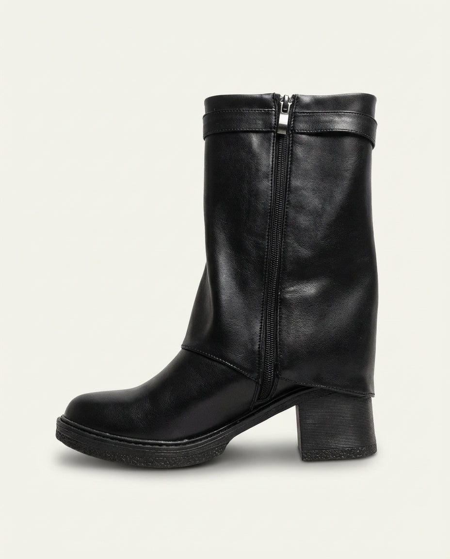 Bottes à Revers Femme en Cuir Noir - Aman