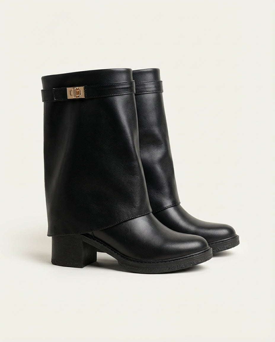 Bottes à Revers Femme en Cuir Noir - Aman