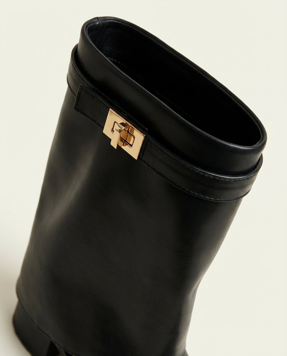Bottes à Revers Femme en Cuir Noir - Aman