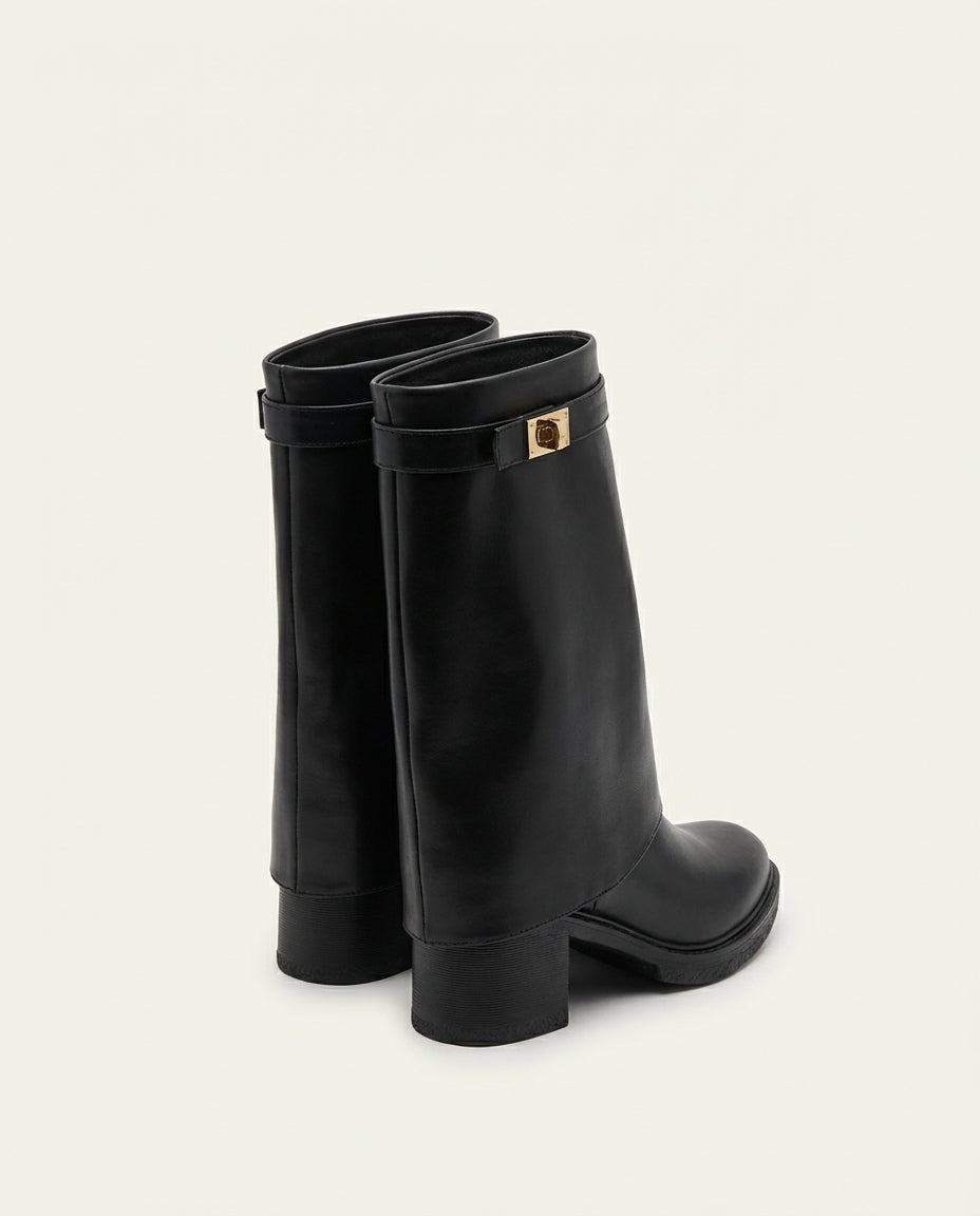 Bottes à Revers Femme en Cuir Noir - Aman