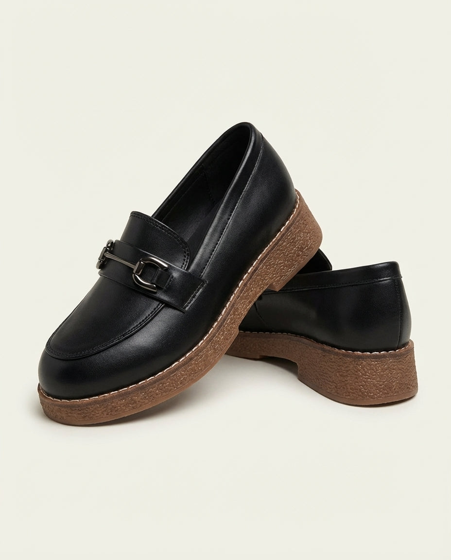 Mocassins Femme en Cuir Noir avec Boucle - Tifin