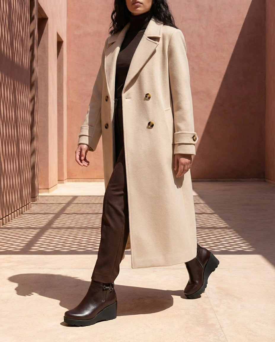 Manteau Long Femme Beige sablé - Sylia