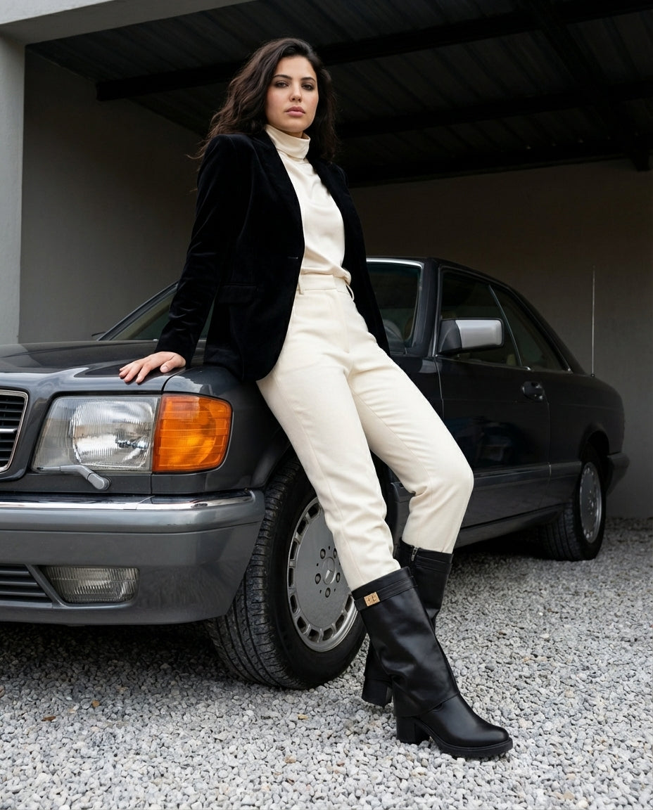 Bottes à Revers Femme en Cuir Noir - Aman