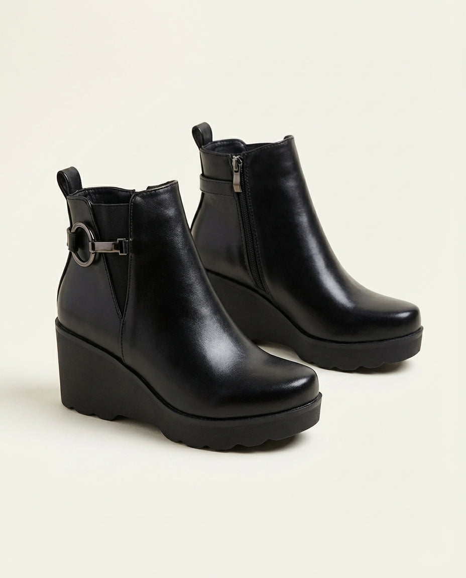 Bottines Compensées Femme en Cuir Noir - Akal