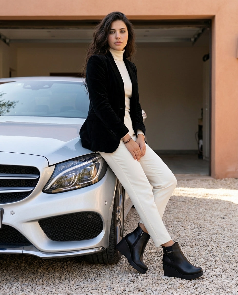 Bottines Compensées Femme en Cuir Noir - Akal