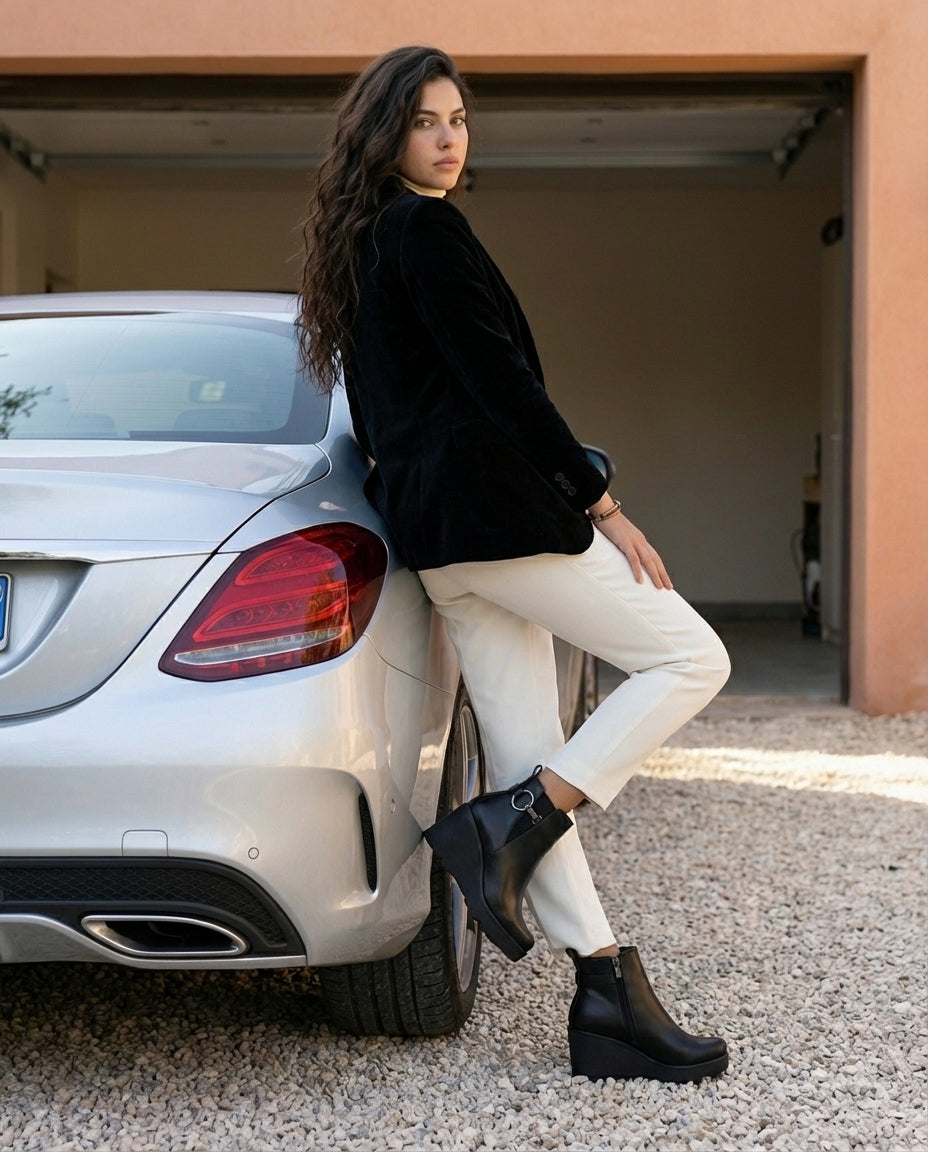 Bottines Compensées Femme en Cuir Noir - Akal