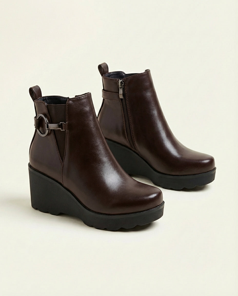 Bottines Compensées Femme en Cuir Marron Chocolat - Akal