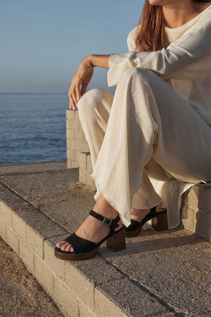 Sandale à Talon Femme Daim Noir - Arez