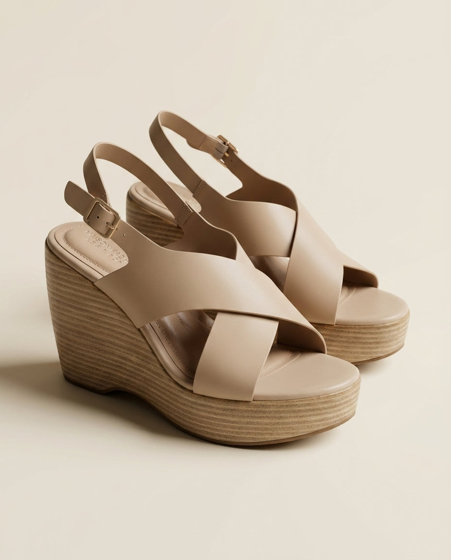Sandale Compensée Femme à Bride cuir Beige - Tirra