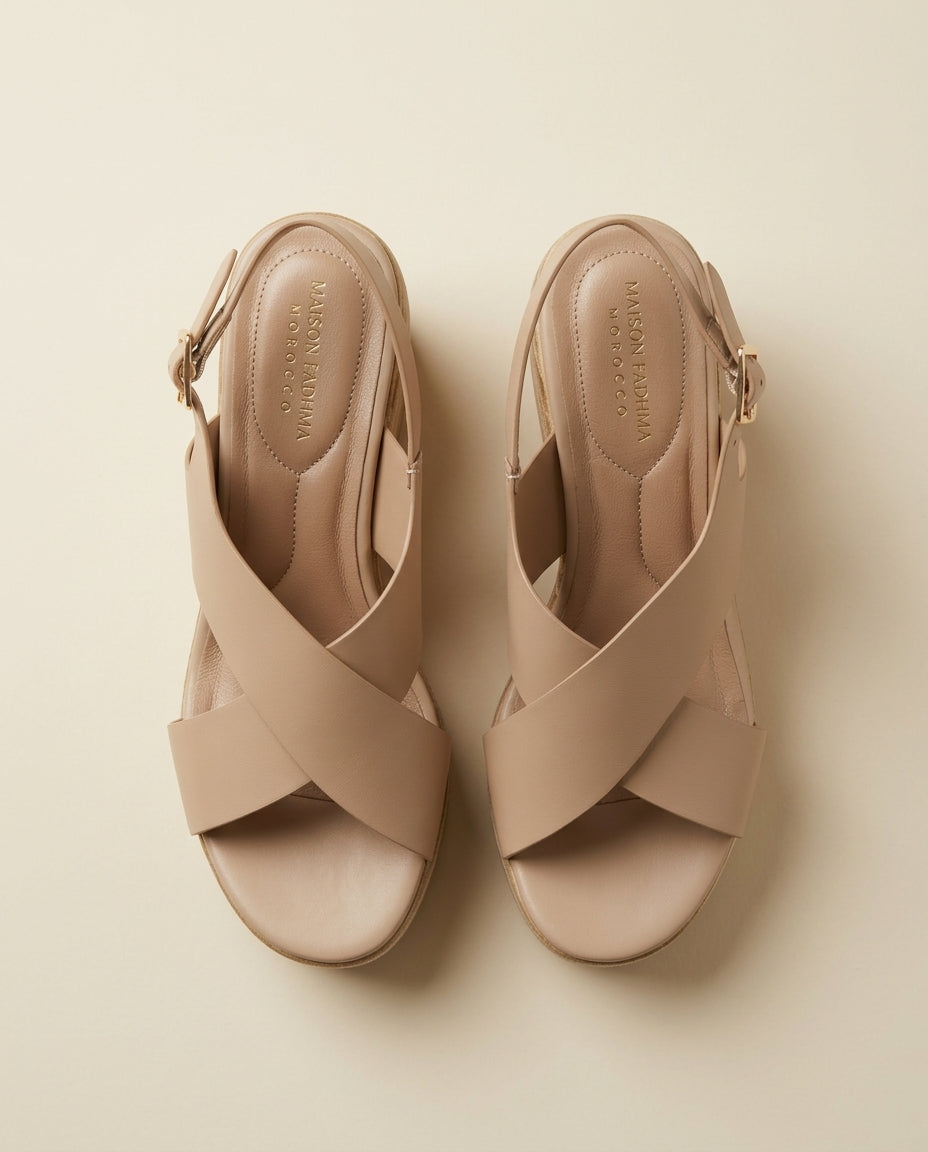 Sandale Compensée Femme à Bride cuir Beige - Tirra