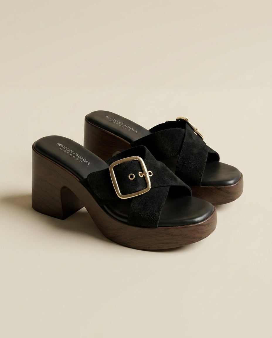 Sandale à Talon Femme Daim Noir - Tiziri