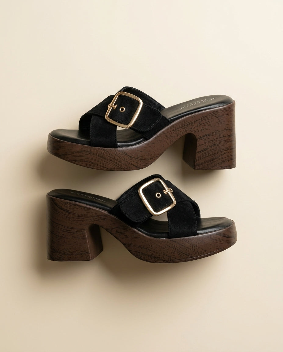 Sandale à Talon Femme Daim Noir - Tiziri