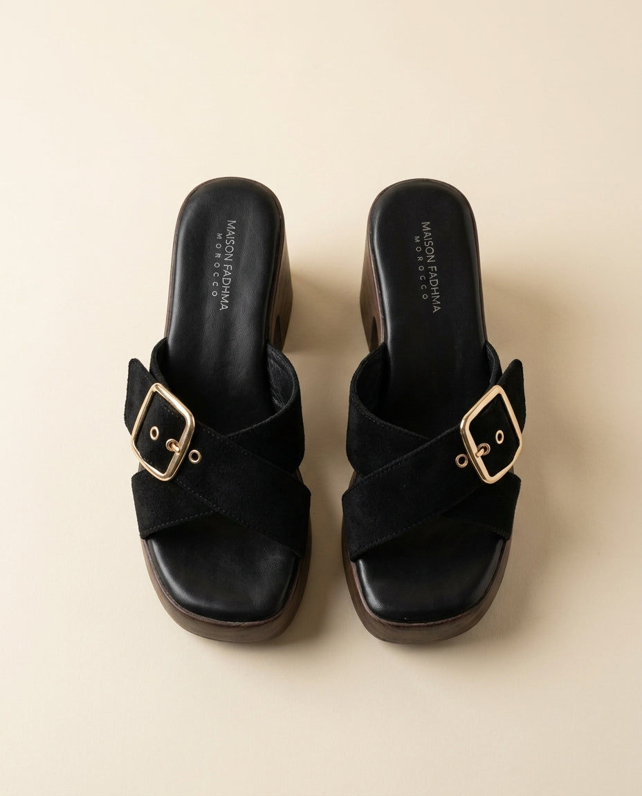 Sandale à Talon Femme Daim Noir - Tiziri