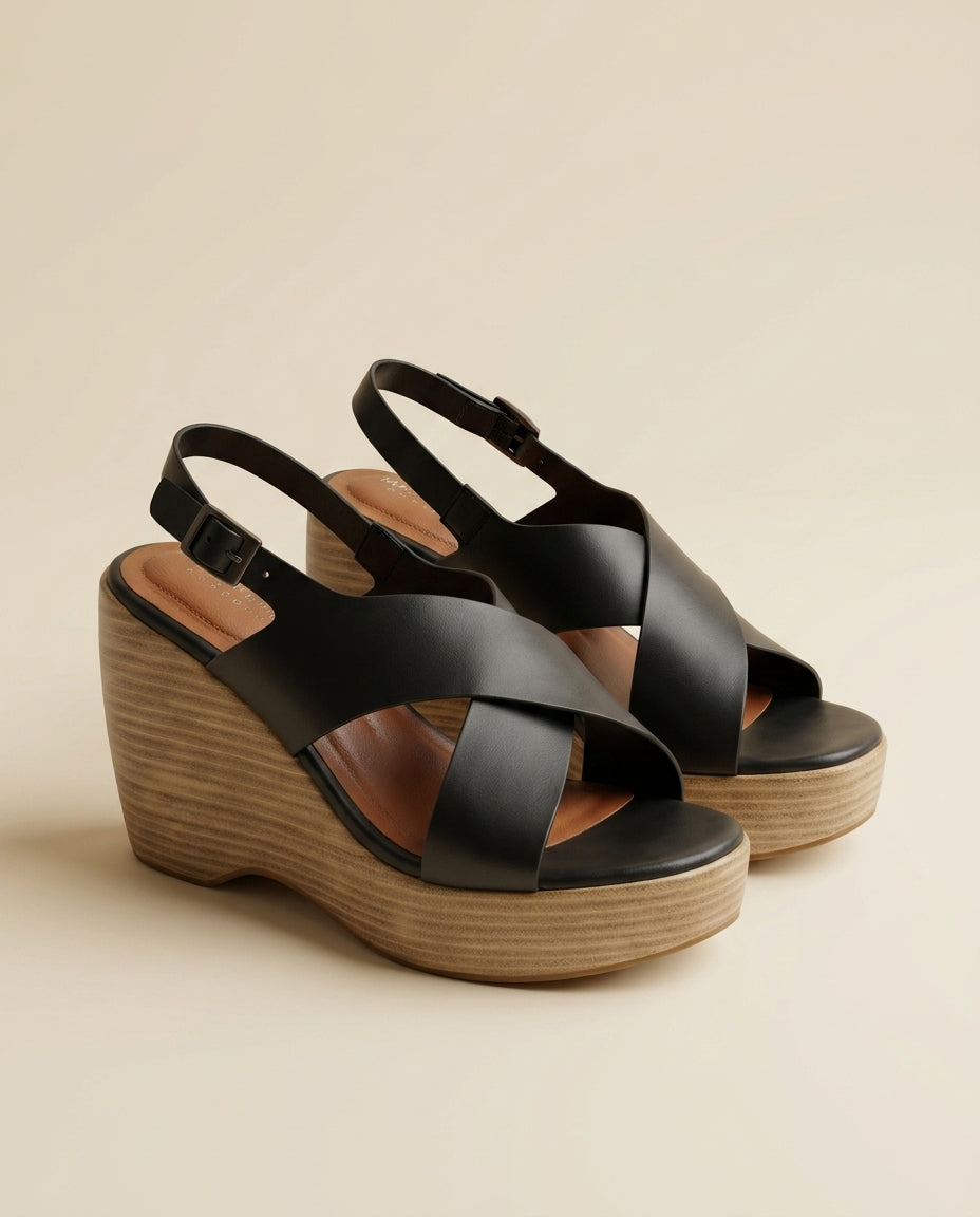 Sandale Compensée Femme à Bride cuir Noir - Tirra