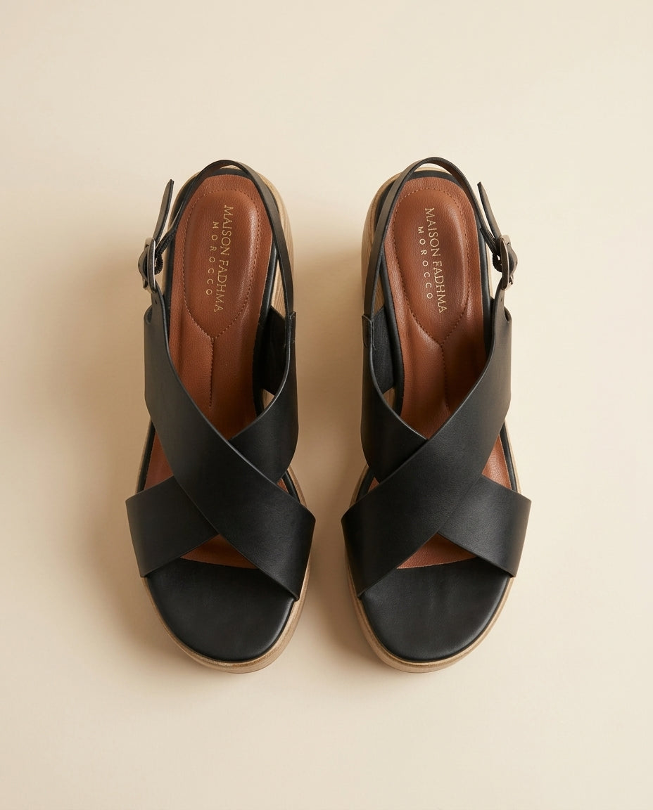 Sandale Compensée Femme à Bride cuir Noir - Tirra