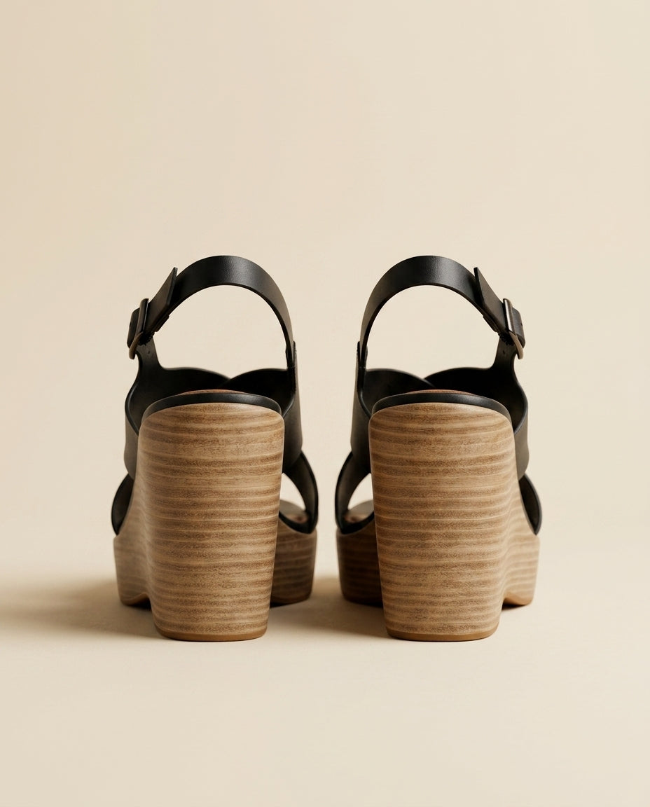 Sandale Compensée Femme à Bride cuir Noir - Tirra