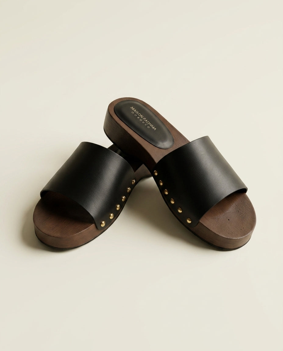 Sandale Femme en Cuir Noir à Semelle Gomme - Ayla