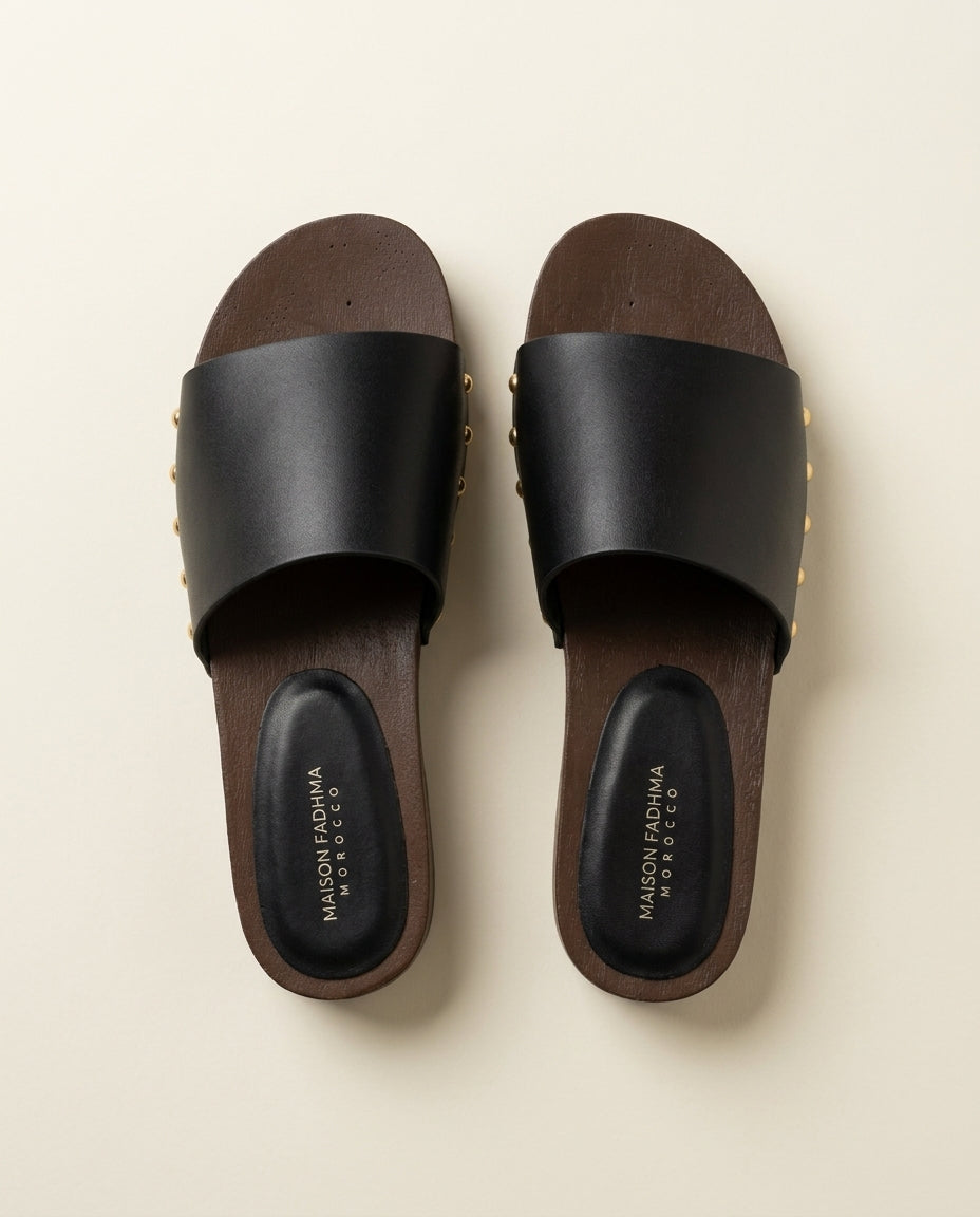Sandale Femme en Cuir Noir à Semelle Gomme - Ayla