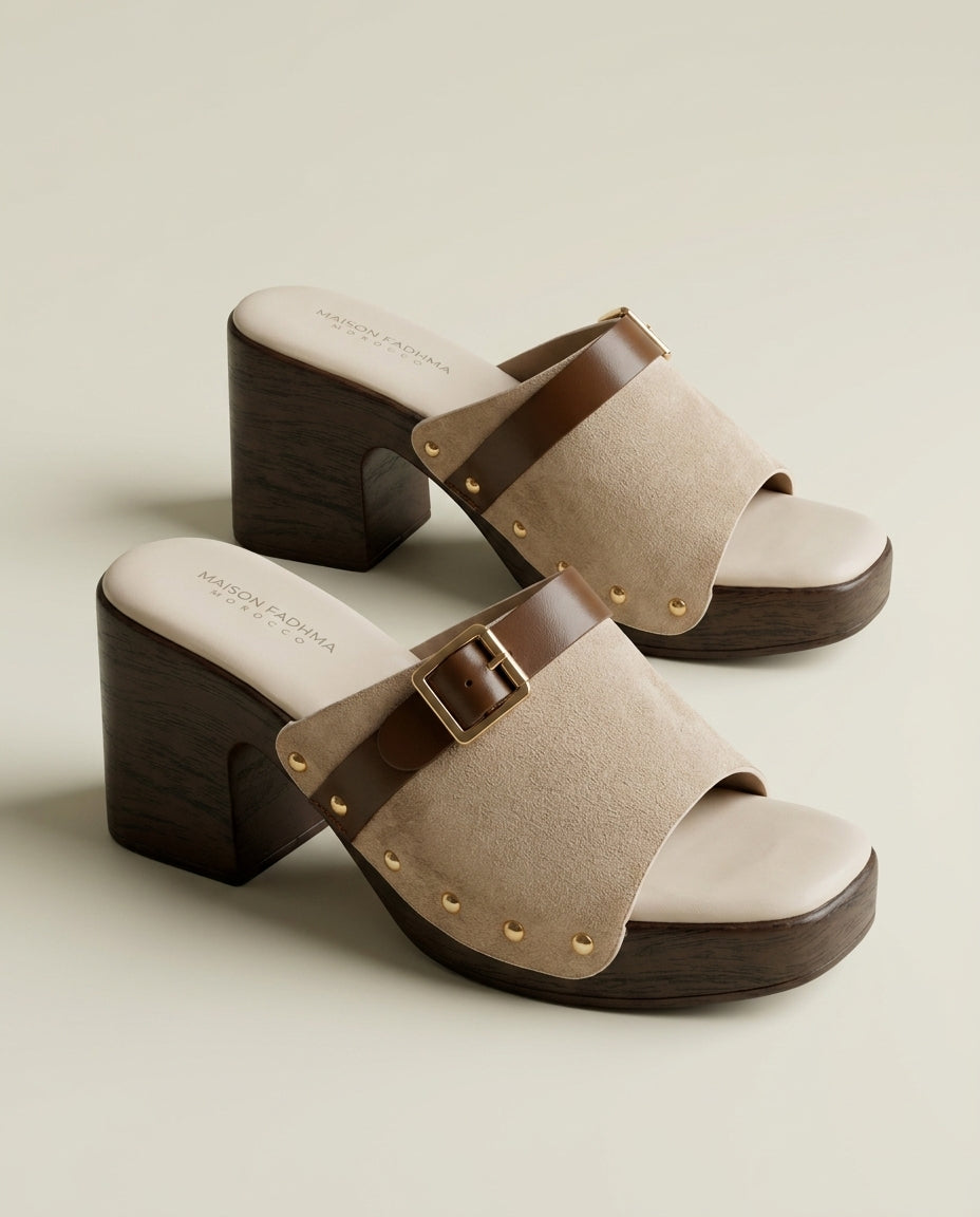 Sandale Femme à Talon et Boucle Daim Beige - Ifaw