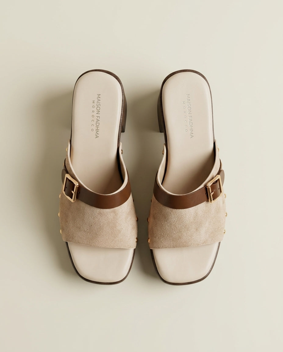 Sandale Femme à Talon et Boucle Daim Beige - Ifaw