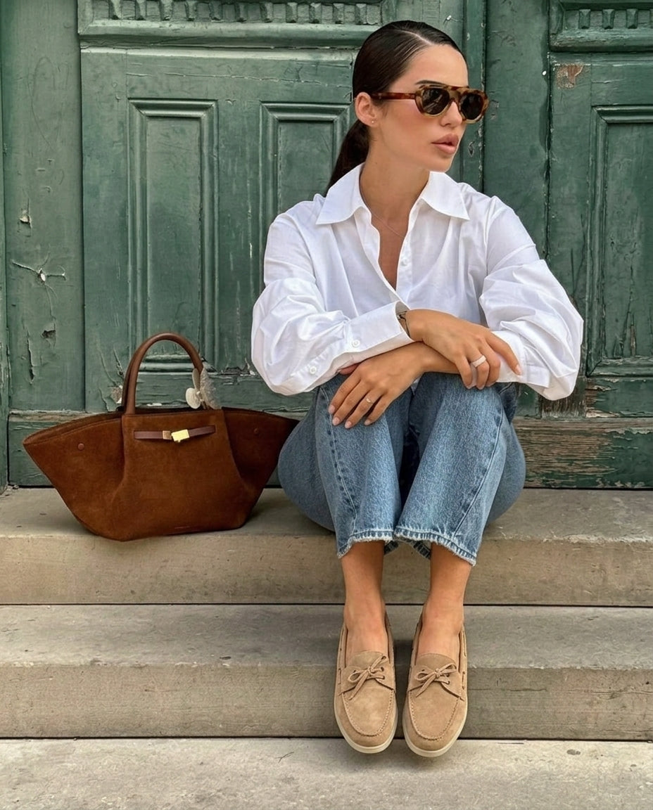 Mocassins Bateau en Daim Beige Sable- Tifira