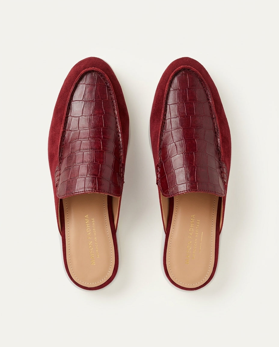 Mules Femme Croco et Daim Grenat - Urar