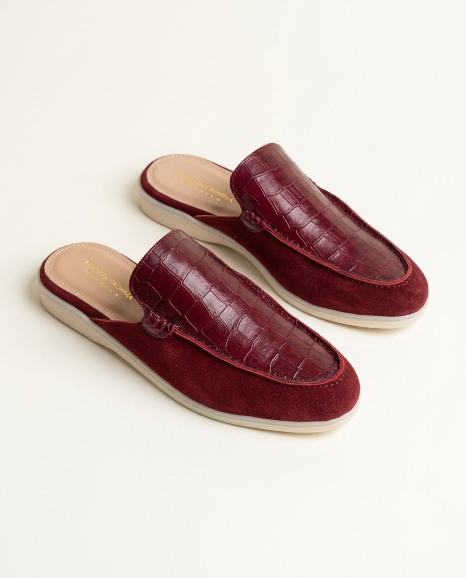 Mules Femme Croco et Daim Grenat - Urar