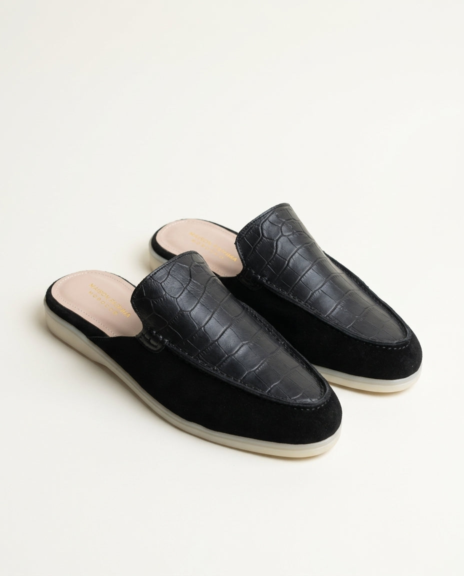 Mules Femme Croco et Daim Noir - Urar