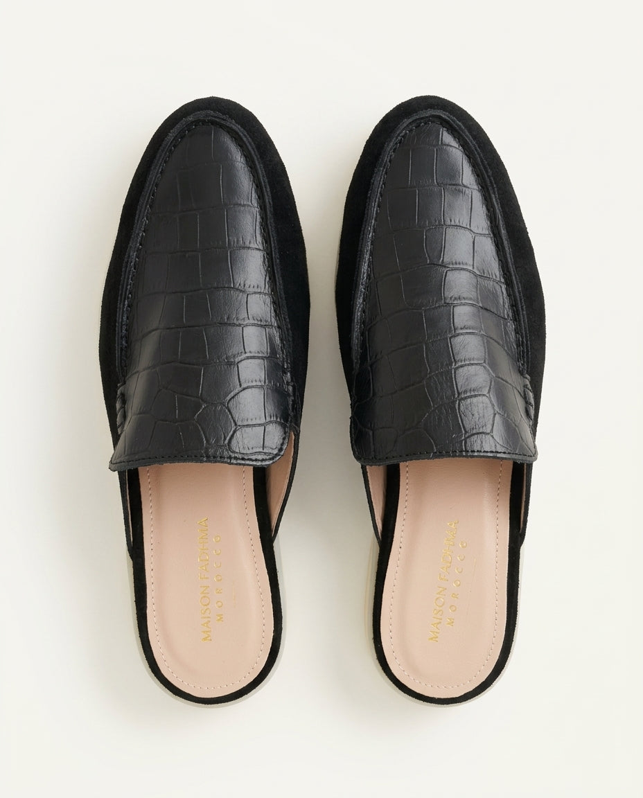Mules Femme Croco et Daim Noir - Urar