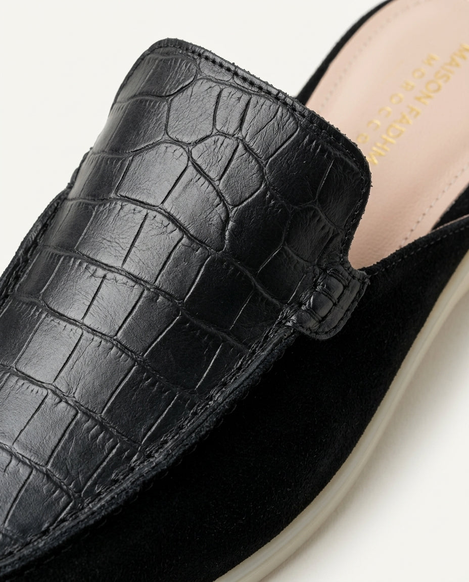 Mules Femme Croco et Daim Noir - Urar