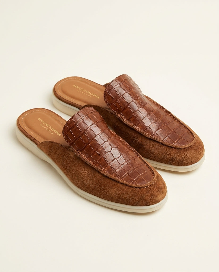 Mule Homme Croco et Daim Tabac – Urar