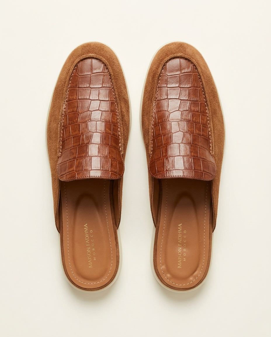 Mule Homme Croco et Daim Tabac – Urar