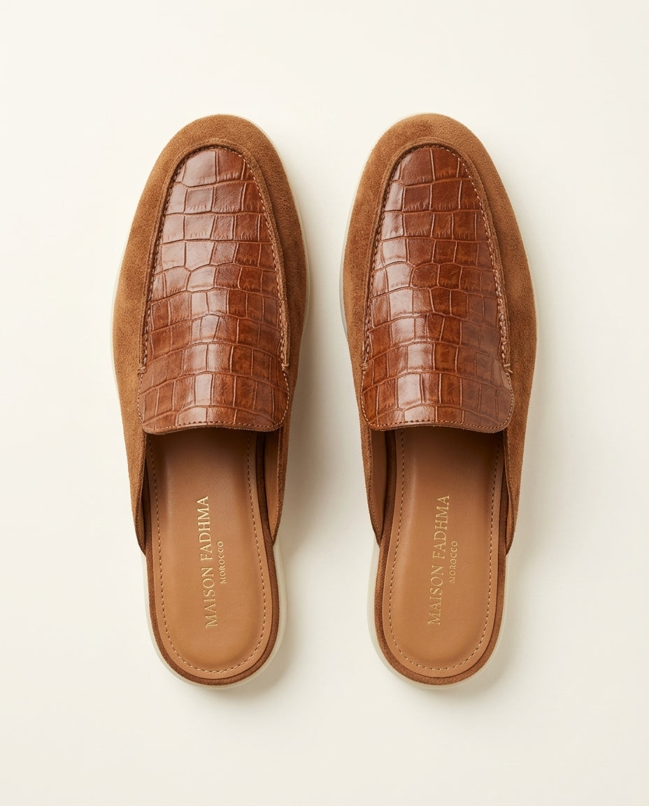Mule Homme Croco et Daim Tabac – Urar