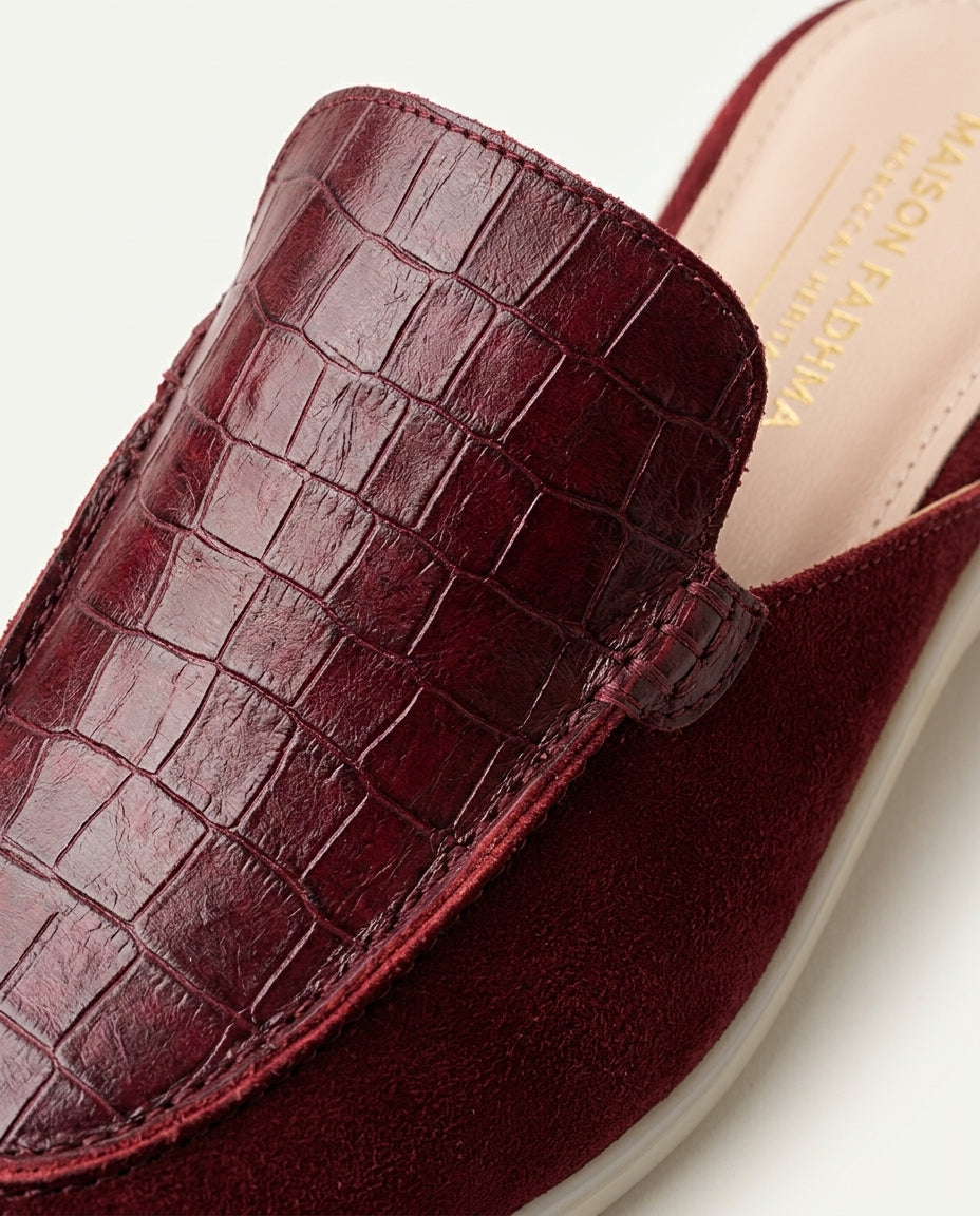 Mules Femme Croco et Daim Grenat - Urar