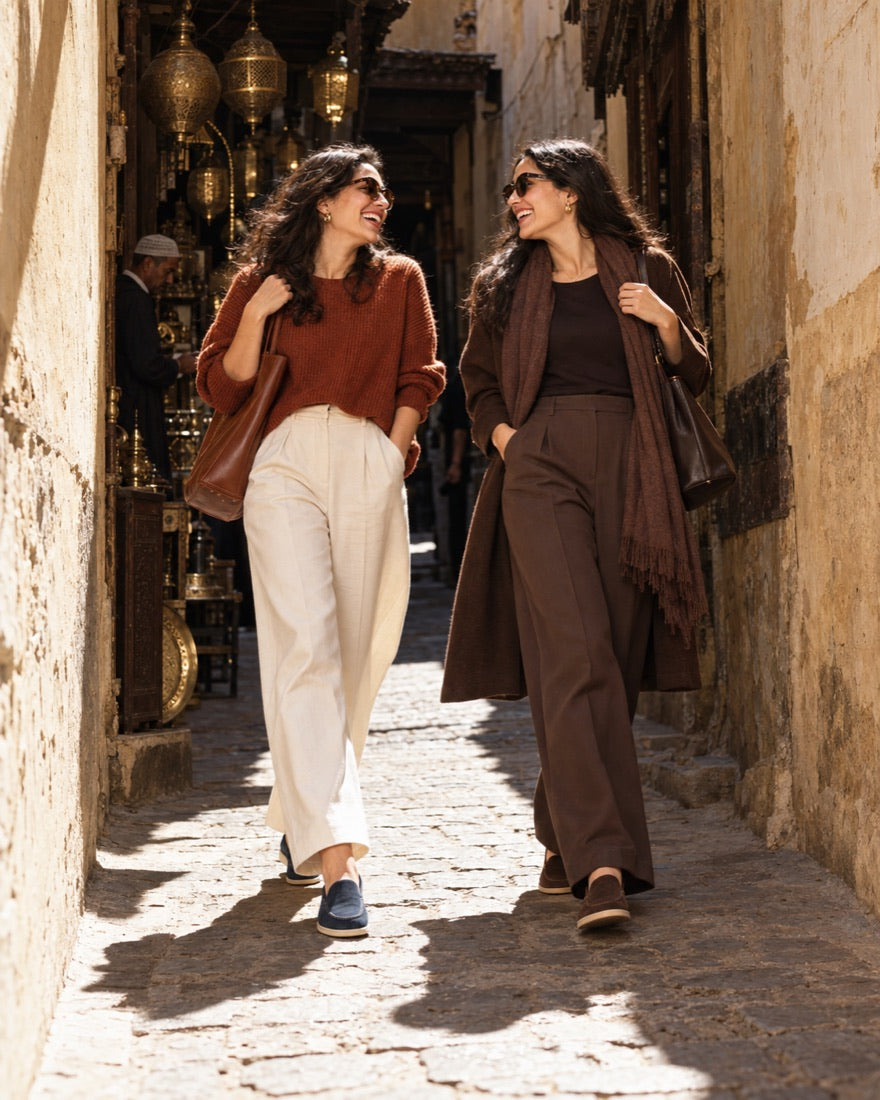 Deux amies marchent en riant dans une ruelle de la médina de Fès, mocassins IZEM bleu marine